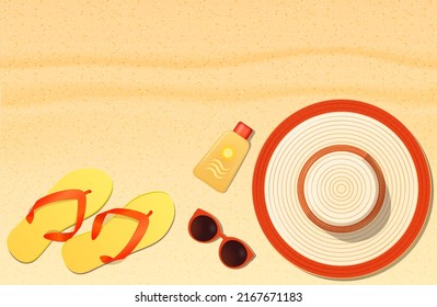 Summer hat, sunglasses, sun protection, flip-flops on sand. Top view. Beach holiday concept. Vector illustration