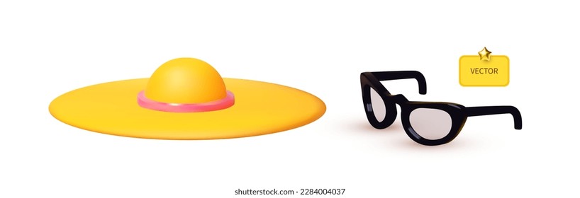 Summer hat and sunglasses. Summer vacation 3D elements