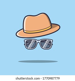 Summer hat and sunglasses vector icon illustration. Fashion accessories or outfits for summer vacation, holiday, tourism, shopping, and business. Vector flat style cartoon illustration.
