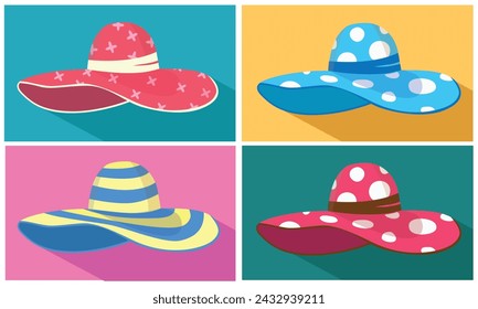 Summer hat vector icon set. Large brim floppy sun hat clipart. Summer vacation items. Women accessory. Beach vacation. Flat vector in cartoon style isolated on colorful background.