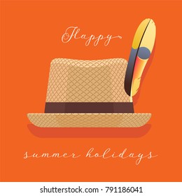 Summer hat vector illustration, clipart. Happy summer holiday sign with man's beach hat 