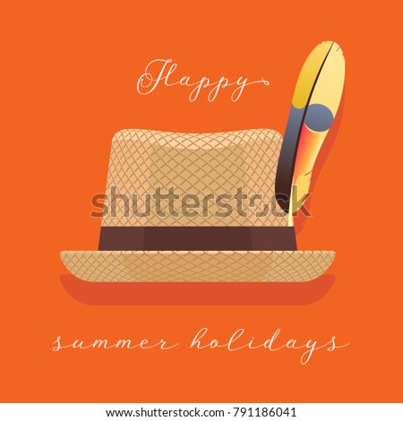 Summer hat vector illustration, clipart. Happy summer holiday sign with man's beach hat 