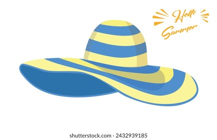 Summer hat vector illustration. Large brim floppy sun hat clipart. Summer vacation items. Women accessory. Beach vacation. Wide headgear hat. Flat vector in cartoon style isolated on white background.