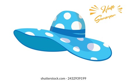 Summer hat vector illustration. Large brim floppy sun hat clipart. Summer vacation items. Women accessory. Beach vacation. Wide headgear hat. Flat vector in cartoon style isolated on white background.