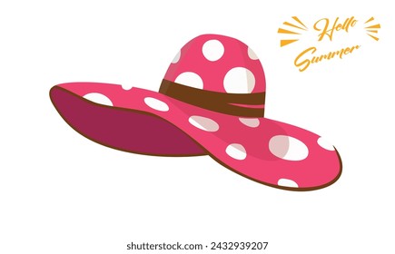 Summer hat vector illustration. Large brim floppy sun hat clipart. Summer vacation items. Women accessory. Beach vacation. Wide headgear hat. Flat vector in cartoon style isolated on white background.