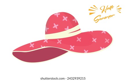 Summer hat vector illustration. Large brim floppy sun hat clipart. Summer vacation items. Women accessory. Beach vacation. Wide headgear hat. Flat vector in cartoon style isolated on white background.