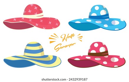 Summer hat vector set. Large brim floppy sun hat clipart. Summer vacation items. Women accessory. Beach vacation. Wide headgear hat. Flat vector in cartoon style isolated on white background.