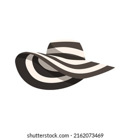 Sombrero de verano con pechos anchos, rayas blancas y negras. Un accesorio de moda para unas vacaciones en el mar en países cálidos. Ilustración vectorial plana aislada en fondo blanco