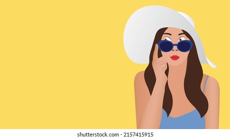 Summer hat woman with surprised expression isolated on background.