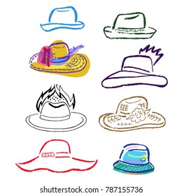 Summer hats, caps outlined oil pastel template sketch set (front view), vector illustration isolated on white background