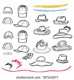 Summer hats, caps outlined oil pastel template sketch set (front view), vector illustration isolated on white background
