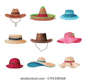 Summer Hats Collection, Straw and Textile Headdress For Men and Women, Vintage Elegant Headwears Vector Illustration