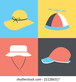 Summer hats collection / Vector illustration / Summer hats and caps icons set / Flat design