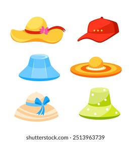 Summer hats featuring both female and male headwear styles. Cartoon headgears. Fashion head hat.