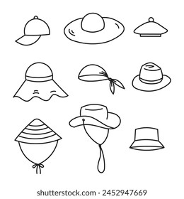 Summer hats hand drawn vector accessories  isolated background. 
Cap, panama, bandana, beret, baseball, gentlemen bowler, women straw hat, head protection doodle set. Line art illustration for design