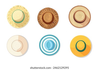 Sombreros de verano a la vista superior, Ilustración vectorial. Ropa femenina, sombrero de paja. Accesorio de verano