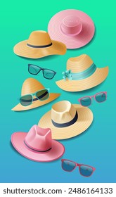 Sombreros de verano y gafas de sol colección sobre fondo degradado accesorios de playa diseño de moda