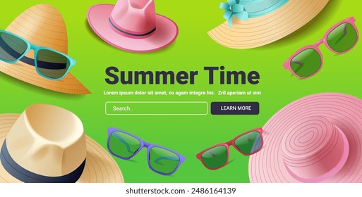 Summer hats sunglasses green background playful vibrant design beach accessories holiday theme