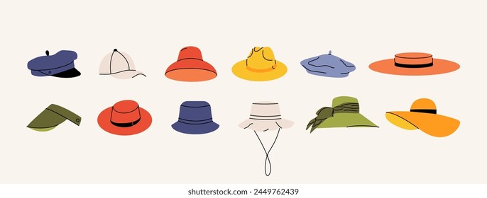 Summer hats. Trendy stylish women men headwear, simple flat garment elements straw hat, vintage hat, cap, panama, modern headdress. Vector cartoon set.