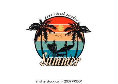 .Summer Hawaii beach paradise, design silhouette retro style.