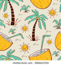 Summer Hawaii coconut and palm tree tropical vector seamless repeat pattern.