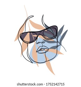 Summer hawaii creative collage of linear beauty woman face in sunglasses, leaves and abstract geometric shapes. Minimal linear design.