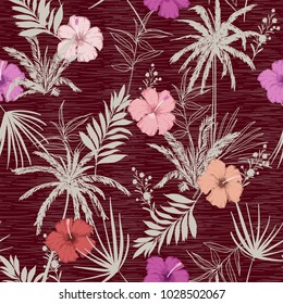 Summer Hawaii print vector seamless beautiful artistic Bright summer tropical pattern with exotic forest. Colorful original stylish floral hibiscus mix with leaves  background , on maroon color