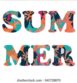 Summer  hawaiian background with tropical plants, vector illustration with color splashes