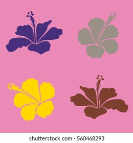 Summer hawaiian collection with tropical plants and yellow, violet and pink hibiscus flowers. Vector illustration.