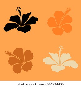Summer hawaiian collection with tropical plants and orange, black and beige hibiscus flowers. Vector illustration.