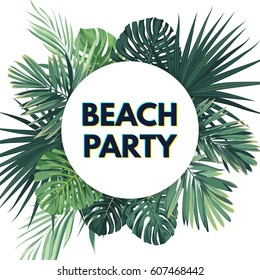 Summer hawaiian flyer design with green tropical plants and palm leaves.