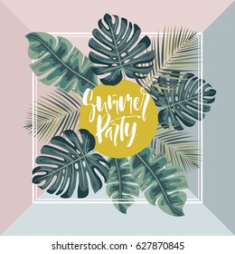 Summer hawaiian flyer design with green tropical plants and palm leaves.