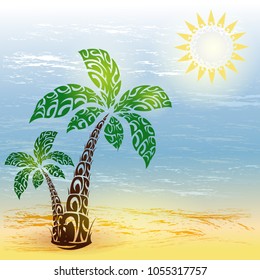 Summer Hawaiian landscape with beach, palm trees, sea. Stylization under the national national Polynesian pattern. Vector illustration.