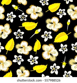 Summer hawaiian with multicolored tropical plants, hibiscus flowers and buds. Vector illustration on black background.