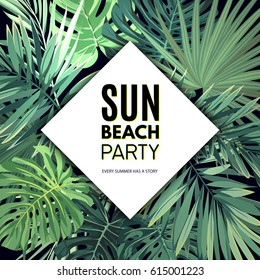 Summer hawaiian party flyer design with green tropical plants and palm leaves.