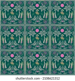 Summer Hawaiian seamless island pattern on dark green background scarf print. Landscape with palm trees, beach , hibiscus flower,flag,mountain and ocean vector hand drawn style.