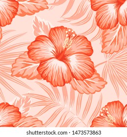Summer hawaiian seamless pattern with exotic tropical plants and hibiscus flowers
