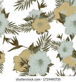 Summer hawaiian seamless pattern with exotic tropical plants and hibiscus flowers