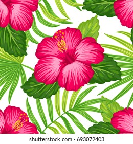 Summer hawaiian seamless pattern with exotic tropical plants and hibiscus flowers