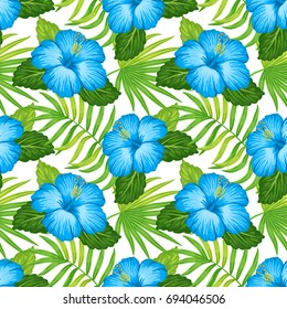 Summer hawaiian seamless pattern with exotic tropical plants and hibiscus flowers