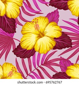 Summer hawaiian seamless pattern with exotic tropical plants and hibiscus flowers