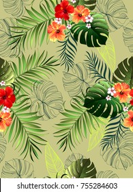 Summer hawaiian seamless pattern with exotic tropical plants and hibiscus flowers.