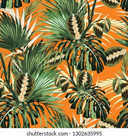 Summer Hawaiian seamless pattern with many types of palm leaves. Exotic botanical wallpaper, Hawaiian style. Orange backdrop.