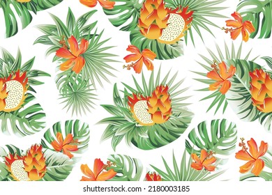 
Summer Hawaiian seamless pattern with monstera, exotic tropical plants, dragon fruit and hibiscus flowers Decorative exotic plant.