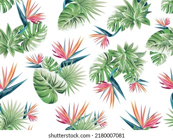 Hawaiianische nahtlose Muster mit Monstera, exotischen tropischen Pflanzen und Strelitzia. Dekorative exotische Pflanze.