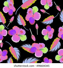 Summer hawaiian seamless pattern with multicolored tropical plants, hibiscus flowers and buds. Vector illustration on black background.