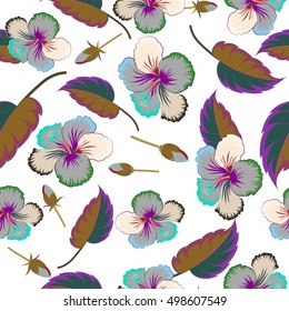 Summer hawaiian seamless pattern with multicolored tropical plants, hibiscus flowers and buds. Vector illustration on white background.