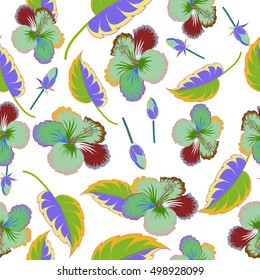 Summer hawaiian seamless pattern with multicolored tropical plants, hibiscus flowers and buds. Vector illustration on white background.