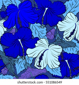 Summer hawaiian seamless pattern with multicolored tropical plants, hibiscus flowers and buds. Vector illustration on blue background.