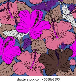 Summer hawaiian seamless pattern with multicolored tropical plants, hibiscus flowers and buds. Vector illustration on blue background.
